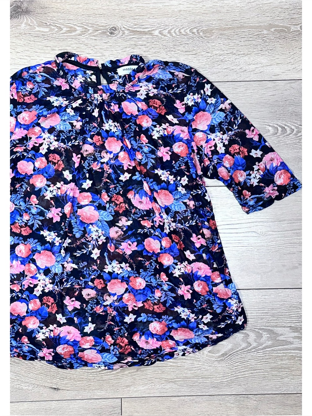 Monteau Los Angeles Sheer Mesh Floral High Neck Ruffle Top Whimsigoth Boho